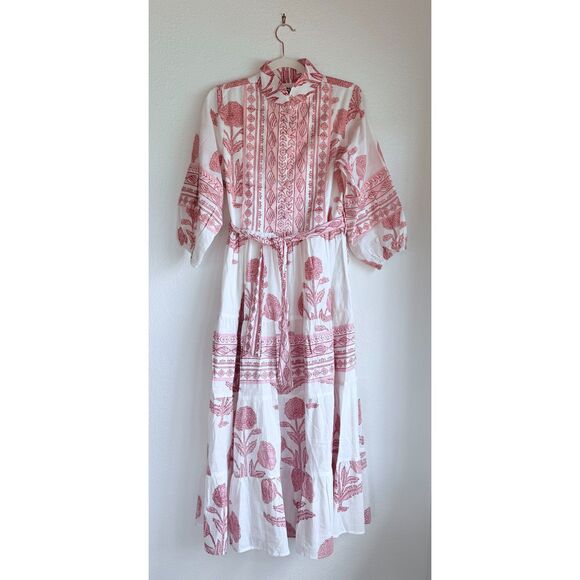 NWT Sur La Vague Blush Katherine Hand Stamped Maxi Dress in White & Pink Size S - Picture 7 of 15